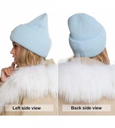 Skullies & Beanies Cuff Beanie - Wool Fold Watch Cap for Women - Diamond Fluffy Ribbed Knit Angora Stocking Ski Hat - Blue - ...