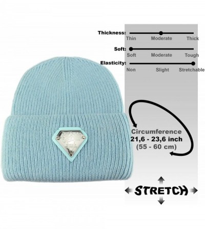 Skullies & Beanies Cuff Beanie - Wool Fold Watch Cap for Women - Diamond Fluffy Ribbed Knit Angora Stocking Ski Hat - Blue - ...