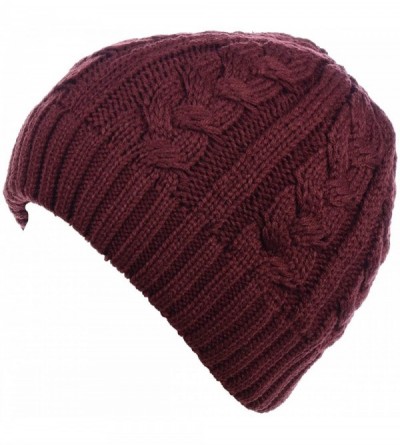 Skullies & Beanies Winter Womens Fashion Bun Ponytail Fleece Lined Slouchy Knit Beanie Hat - Cable Knit Burgundy - CI18LY8Q45...