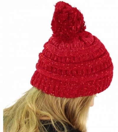 Skullies & Beanies Confetti Ombre Big Pom Pom Warm Chunky Soft Stretch Knit Beanie Hat - Red - CW1860TW2Z8 $12.00