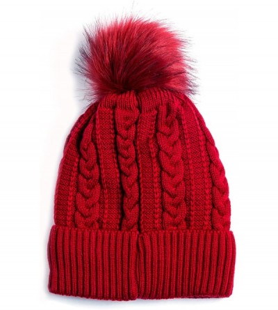 Skullies & Beanies Women Winter Faux Fur Pom Beanie Hat w/Warm Fleece Lined Thick Skull Ski Cap - Red - CF189GS67D0 $9.59