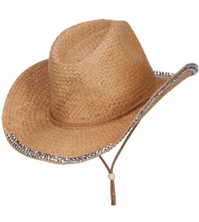 Cowboy Hats Cross Design Stones Straw Cowboy Hat - Dark Natural - CZ12CX1K6YF $41.17