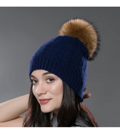 Skullies & Beanies Womens Winter Bobble Hat Unisex Wool Knit Beanie Cap with Fur Ball Pompom - Blue With Raccoon Fur Pompom -...