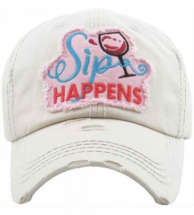 Baseball Caps Women's Sip Happens Wine Vintage Baseball Hat Cap - Stone - CK18SKAHLU8 $20.08