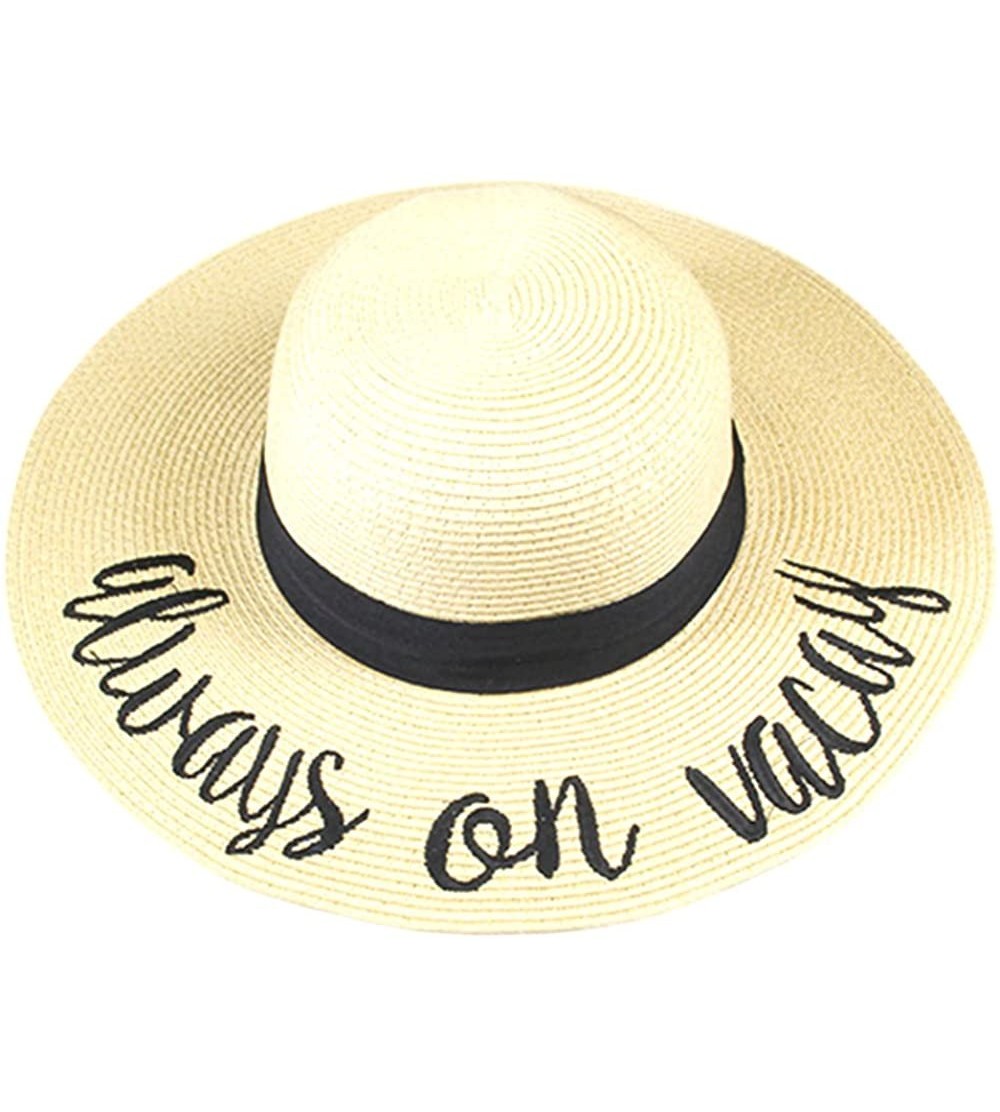 Sun Hats Women Elegant Wide Brim Embroidered Beach Pool Floppy Summer Vacation Sun Hat - Always on Vacay - CA18CMMTXUN $13.23