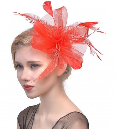 Berets Women's Fascinator Hat Flower Bead Pillbox Hat Bowler Feather Flower Hair Clip Wedding Party Hat - Red - C018EEGQEAL $...