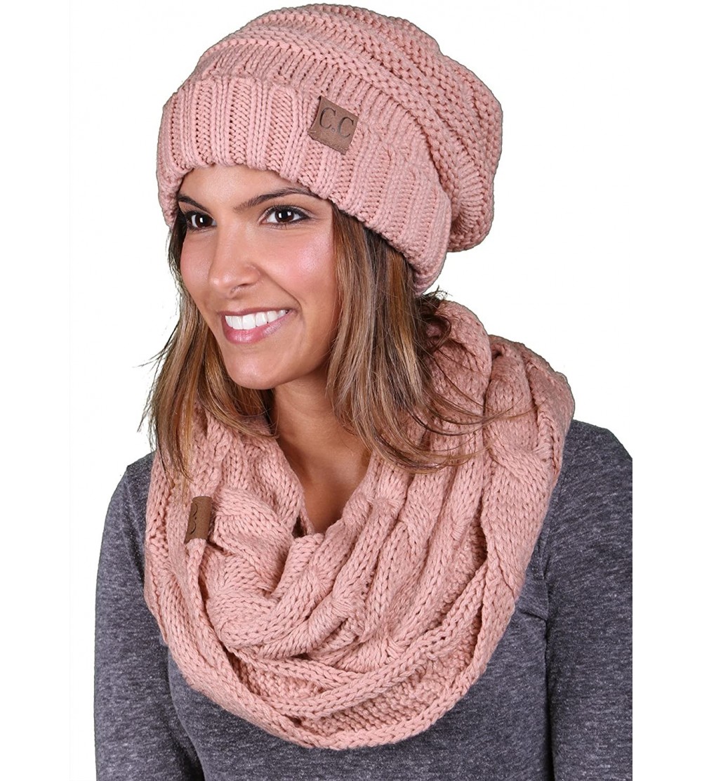 Skullies & Beanies Oversized Slouchy Beanie Bundled with Matching Infinity Scarf - Indi Pink - CQ188YQSIMR $21.52