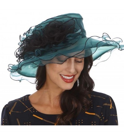 Sun Hats Ladies Wide Brim Organza Derby hat for Kentucky Derby Church Tea Party Wedding - S021-emerald/Black - CV18QZ8MYM6 $2...