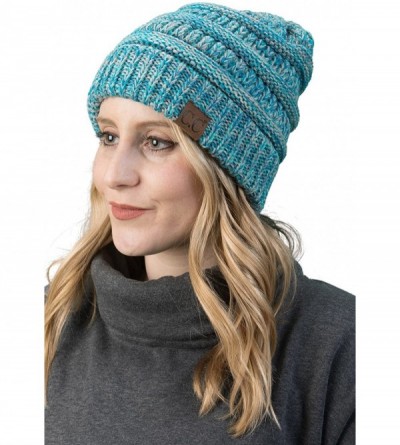Skullies & Beanies Trendy Warm Chunky Soft Marled Cable Knit Slouchy Beanie - 4 Tone Mix - Turquoise- Grey- Blue- Ivory - CF1...