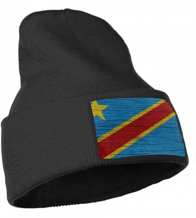 Skullies & Beanies Wooden Texture Congolese Flag Men Women Winter Beanie - Unisex Cuffed Plain Skull Knit Hat Cap - Black - C...
