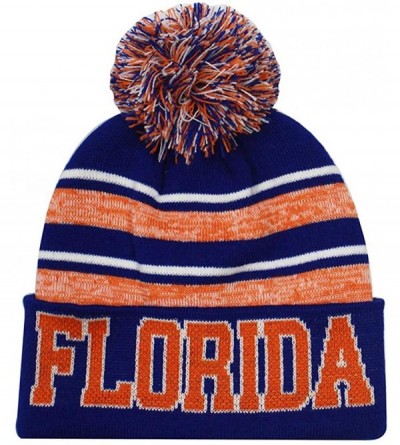 Skullies & Beanies Florida Men's Blended Stripe Winter Knit Pom Beanie Hat - Royal/Orange - C618KNLDLSK $14.67