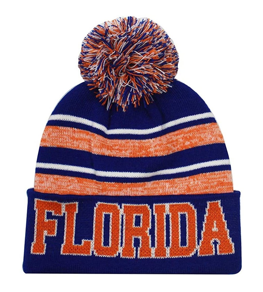 Skullies & Beanies Florida Men's Blended Stripe Winter Knit Pom Beanie Hat - Royal/Orange - C618KNLDLSK $14.67
