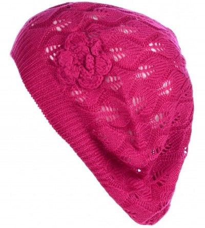 Berets Open Weave Womens Crochet Mesh Beanie Hat Flower Fashion Soft Knit Beret Cap - 2680fuchia - C1194WSEDHW $11.77