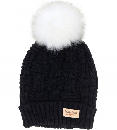 Skullies & Beanies Women's Plush-Lined Knit Hat with Pom - Black - CI18I4OY9SL $10.13
