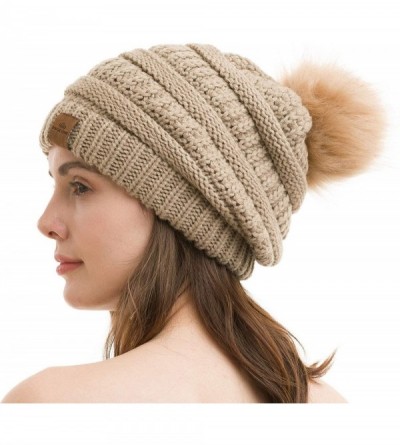 Skullies & Beanies Womens Fleece Lined Slouchy Beanie Chunky Baggy Hat Fur Pompom Winter Soft Warm Cap - Khaki - CB18LAMULYE ...