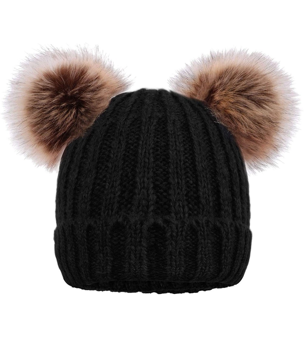 Skullies & Beanies Cable Knit Beanie with Faux Fur Pompom Ears - Black Hat Coffee Ball Black Lining - C3182SEODW8 $17.46