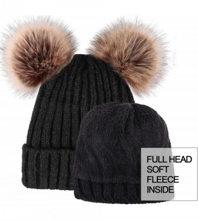 Skullies & Beanies Cable Knit Beanie with Faux Fur Pompom Ears - Black Hat Coffee Ball Black Lining - C3182SEODW8 $17.46