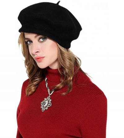 Berets Chic 100% Wool Winter Warm Classic French Beret Beanie Hat Cap for Women Girls - Solid Color - Black - CK12NGHDTS5 $8.94
