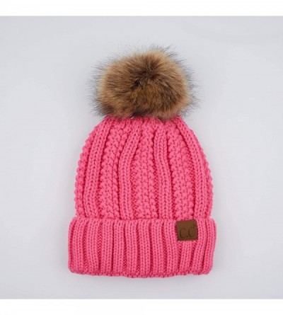 Skullies & Beanies Exclusives Fuzzy Lined Knit Fur Pom Beanie Hat (YJ-820) - New Candy Pink - CS18I6OWHR0 $16.58