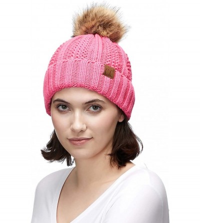 Skullies & Beanies Exclusives Fuzzy Lined Knit Fur Pom Beanie Hat (YJ-820) - New Candy Pink - CS18I6OWHR0 $16.58