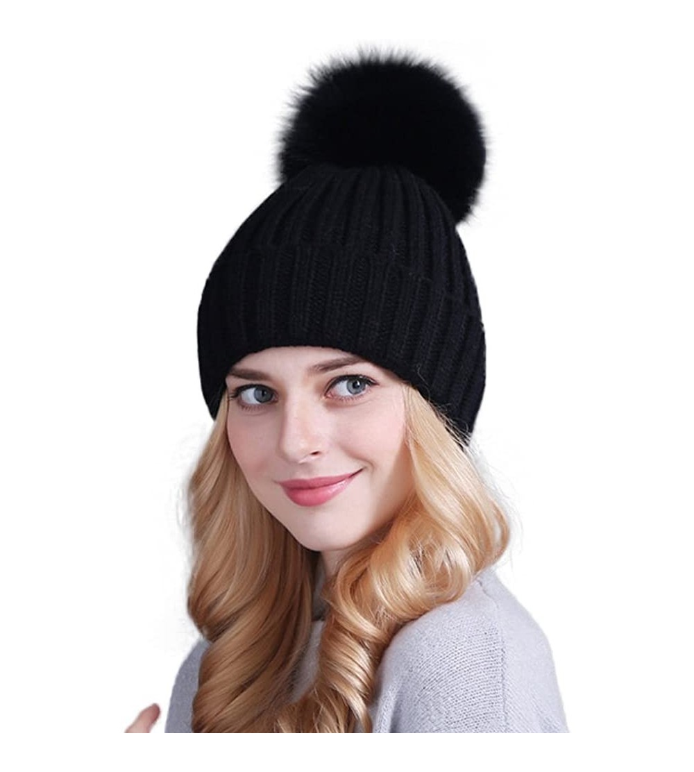 Cold Weather Headbands Winter Women's Genuine Fox Fur Pom Pom Trend Wool Knitted Beanie Hat - Black - CK186K22XX0 $11.41