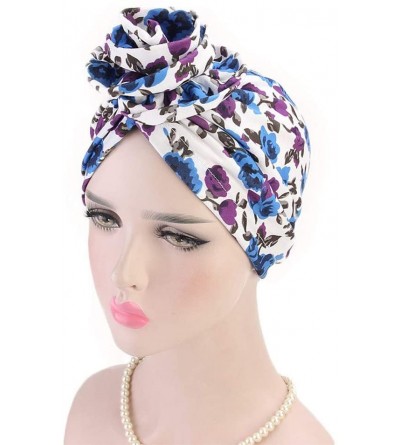 Skullies & Beanies Newest Beautiful Women India Muslim Stretch Turban Hat Retro Print Hair Loss Head Scarf Wrap (Purple) - Pu...