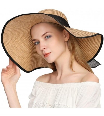 Sun Hats Beach Sun Hat for Women Bow-knot UV UPF 50+Travel Foldable Wide Brim Straw Hat - Khaki02 2pcs - C418UNNZG3T $21.78