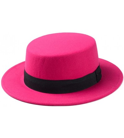Fedoras Women Boater Hat Bowler Sailor Wide Brim Flat Top Caps Wool Blend - Hot Pink - C2184HLHZ5H $11.64