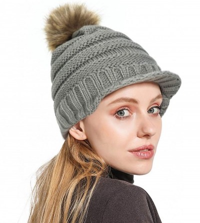 Skullies & Beanies Womens Winter Warm Ribbed Beanie Hat with Brim- Girls Knit Visor Pom Pom Ski Cap - Grey - CX18AQXU72X $21.88