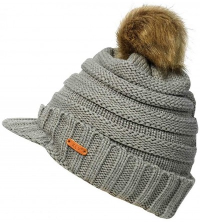Skullies & Beanies Womens Winter Warm Ribbed Beanie Hat with Brim- Girls Knit Visor Pom Pom Ski Cap - Grey - CX18AQXU72X $8.45
