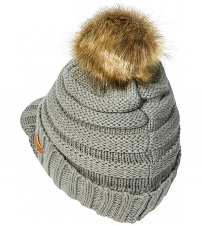 Skullies & Beanies Womens Winter Warm Ribbed Beanie Hat with Brim- Girls Knit Visor Pom Pom Ski Cap - Grey - CX18AQXU72X $8.45