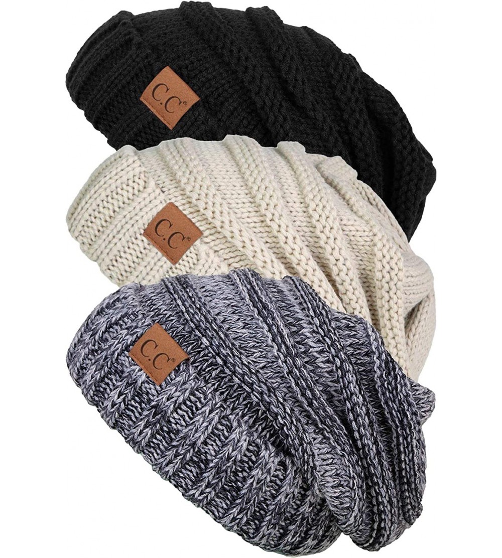 Skullies & Beanies Trendy Warm Oversized Chunky Cable Knit Slouchy Beanie Bundles - 3 Pack - Black- Beige- 31 - CR18ZO5U5DD $...