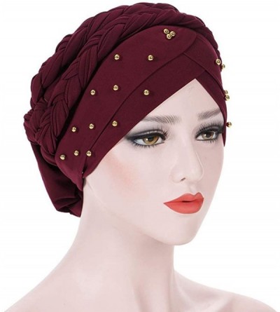 Skullies & Beanies Double Braid Turban Cotton Chemo Cancer Cap Muslim Hat Stretch Hat Head Wrap Cap for Women - Wine - C618WD...