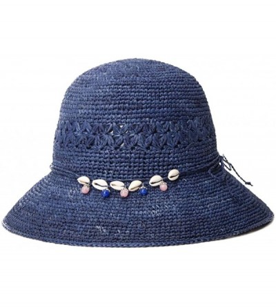 Sun Hats Womens 100% Raffia Straw Crochet Hat Foldable UPF Seashell/Bow Decoration - 89306_navy - CC17XXMI2DN $15.30