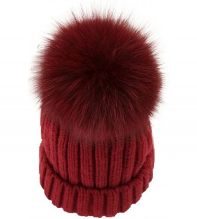 Skullies & Beanies Womens Knitted Hat Fox Fur Pom Pom Warm Slouchy Beanie Cap - Wine Red - CR188NIGS9M $36.50