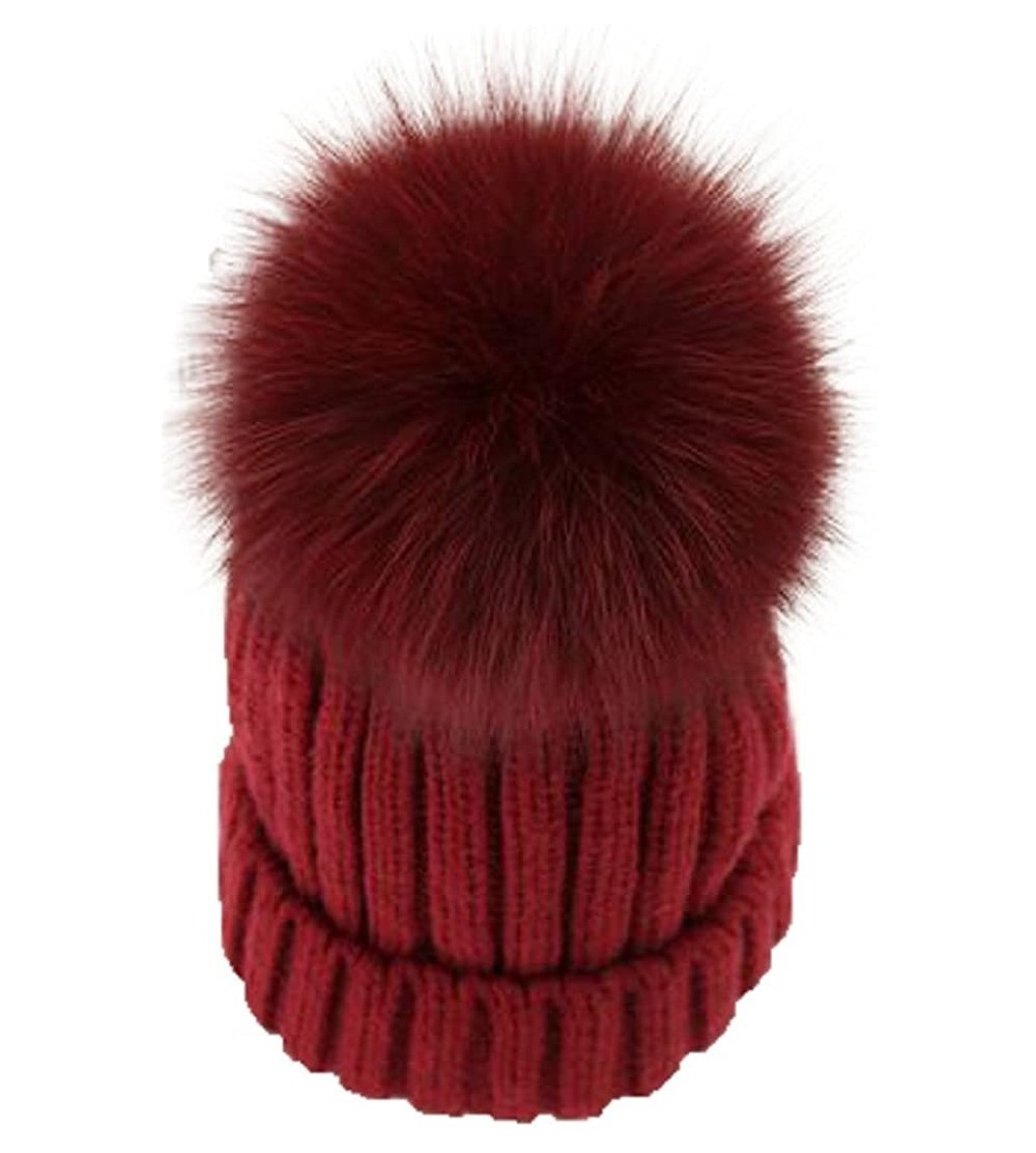 Skullies & Beanies Womens Knitted Hat Fox Fur Pom Pom Warm Slouchy Beanie Cap - Wine Red - CR188NIGS9M $18.69