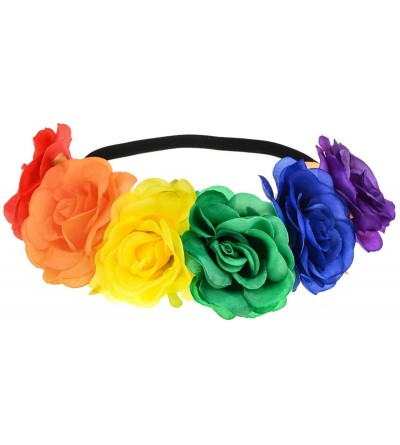 Headbands Boho Floral Crown Rose Flower Headband Hair Wreath - Rainbow Rose Elastic Ribbon - CZ197EKGKSZ $8.03