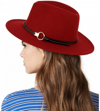 Fedoras Women Gold Belt Buckle Wool Felt Fedora Hat Winter Fashion Dress Panama Hat - Red - CB18IE4YY2S $15.29