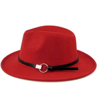 Fedoras Women Gold Belt Buckle Wool Felt Fedora Hat Winter Fashion Dress Panama Hat - Red - CB18IE4YY2S $15.29