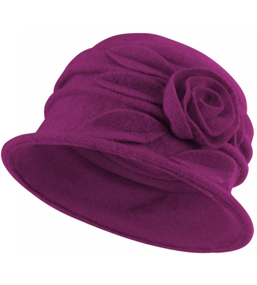Bucket Hats Women's Wool Felt Floral Decoration Cloche Winter Bucket Hat - Wine - C5126IT8MYJ $22.82