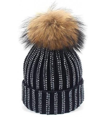 Skullies & Beanies Women Rhinestone Beanie Skull Hats Warm Knitting Hat Real Raccoon Fur Pompom Bobble Caps - Navy(brown Bobb...