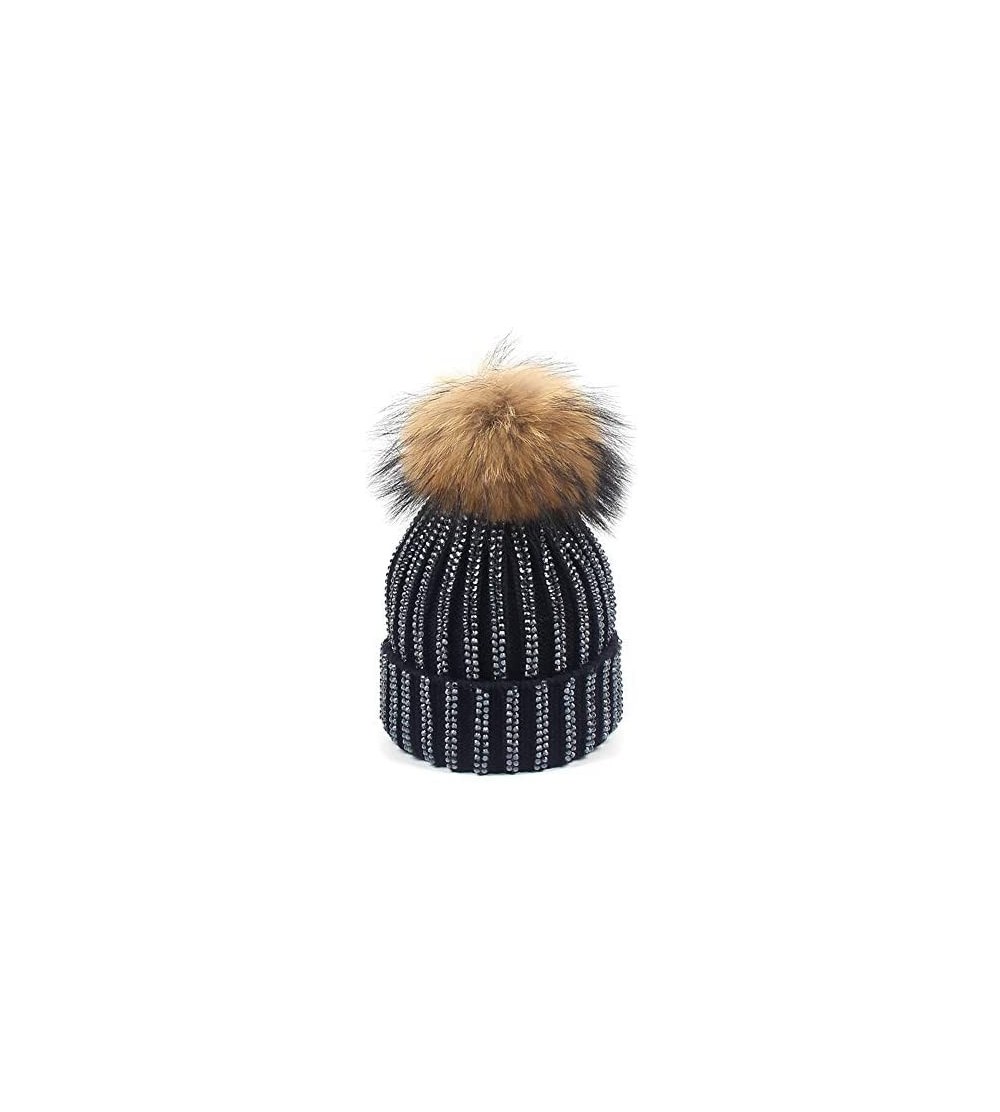 Skullies & Beanies Women Rhinestone Beanie Skull Hats Warm Knitting Hat Real Raccoon Fur Pompom Bobble Caps - Navy(brown Bobb...