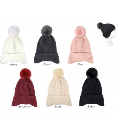 Skullies & Beanies Me Plus Women Fashion Fall Winter Soft Cable Knitted Faux Fur Pom Pom Beanie Hat - Solid Earflap Knit - Iv...