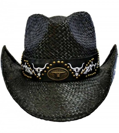 Cowboy Hats Black Cowboy Hat with Longhorn Western Hatband - C8115SSFKUV $32.89