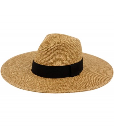Fedoras Straw Panama Fedora Sun Hat in Solid Color W/Black Grosgrain Band Trim - Toast - C017WTUKZ7L $40.90