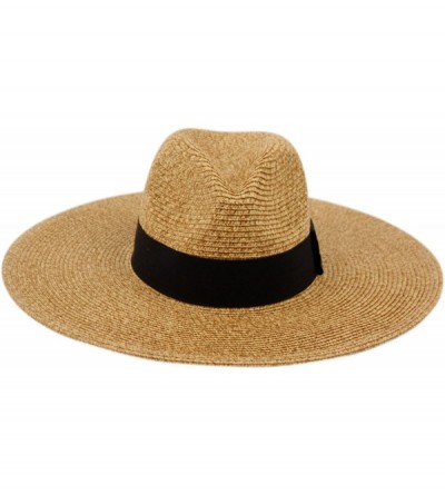 Fedoras Straw Panama Fedora Sun Hat in Solid Color W/Black Grosgrain Band Trim - Toast - C017WTUKZ7L $50.43