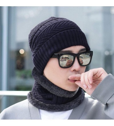 Skullies & Beanies Men's Warm Beanie Winter Thicken Hat and Scarf Two-Piece Knitted Windproof Cap Set - C-navy - C8193CDYGWA ...