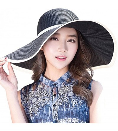 Sun Hats Womens Floppy Summer Sun Beach Straw Hats Wide Brim Panama Beachwear - Black2 - CH17YUDQH72 $23.79