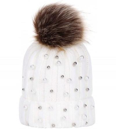 Skullies & Beanies Women Faux Fur Pom Pom Beanie Cap Fashion Winter Pearl Knit Ski Hat - White - CF18LKE7G4H $15.99