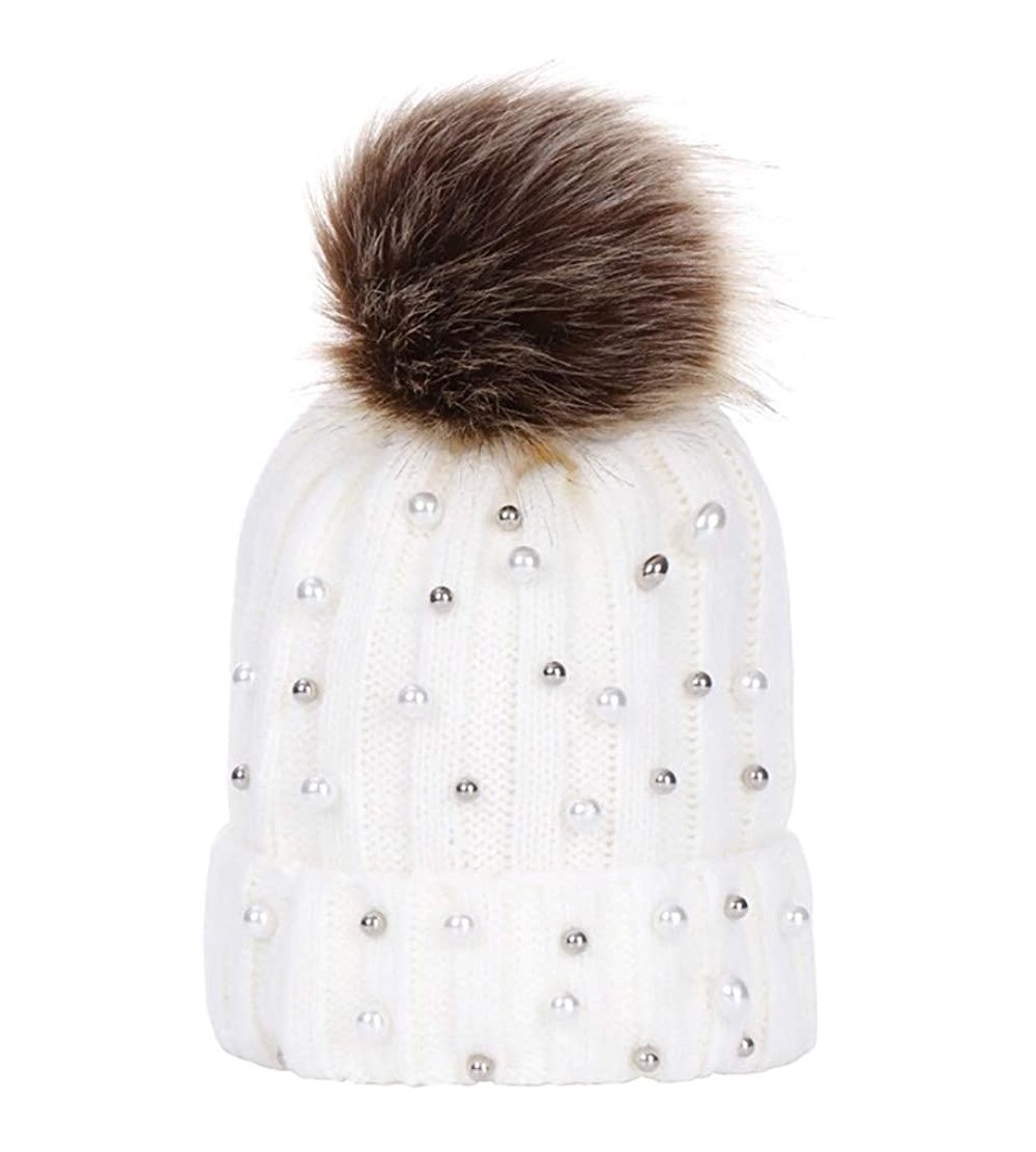 Skullies & Beanies Women Faux Fur Pom Pom Beanie Cap Fashion Winter Pearl Knit Ski Hat - White - CF18LKE7G4H $6.09